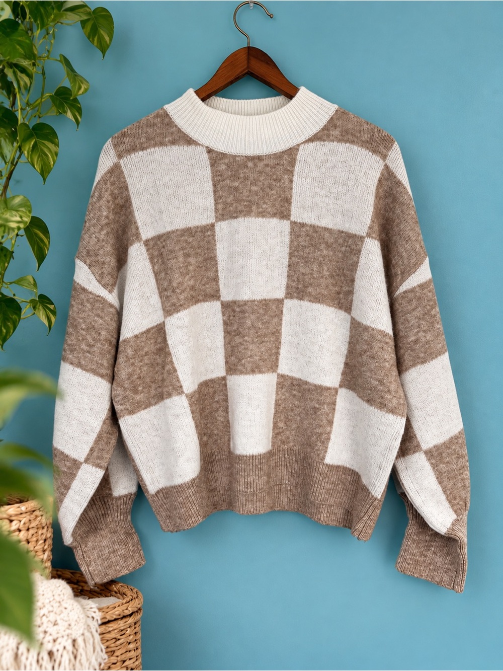 Oversized Checkered Sweater Taupe Cream NWT L